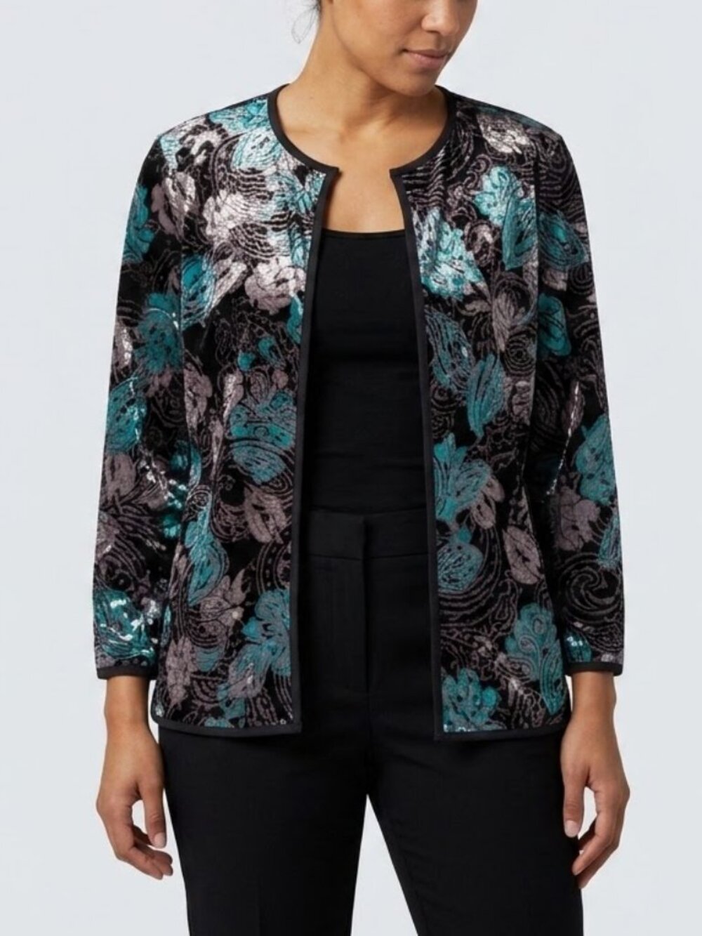 LuLaRoe Elegant Stella XS Black Teal Paisley Floral Burnout Velvet Cardigan